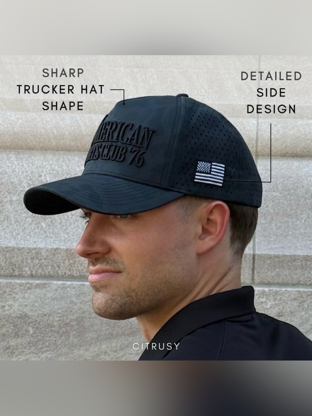 NWT Citrusy Black Men's Trucker 'American Sports Club 76' Detail Performance Hat